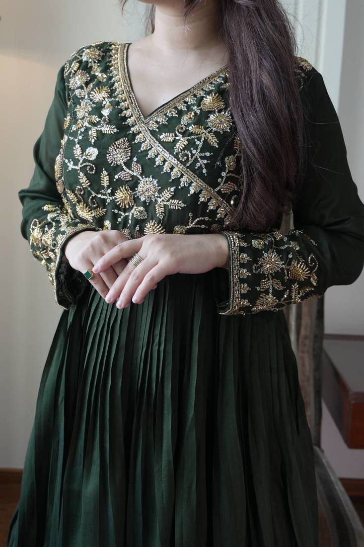Dark green vichitra silk embroidered gown set