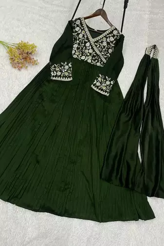 Dark green vichitra silk embroidered gown set