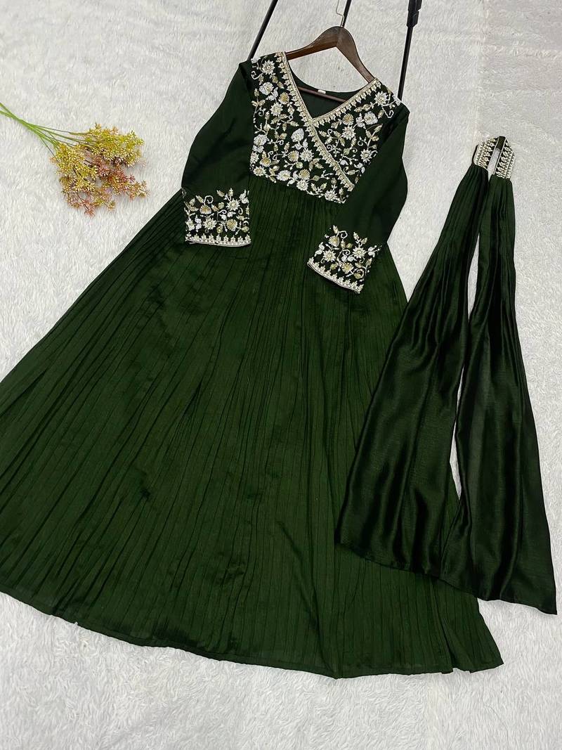 Dark green vichitra silk embroidered gown set