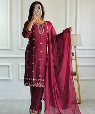 Wine heavy embroidery moti work georgette kurta set 1