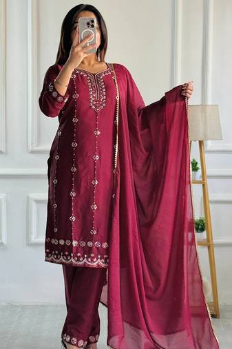Wine heavy embroidery moti work georgette kurta set