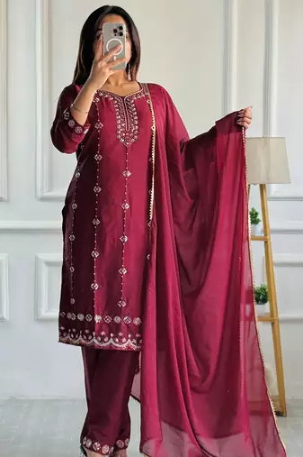 Wine heavy embroidery moti work georgette kurta set