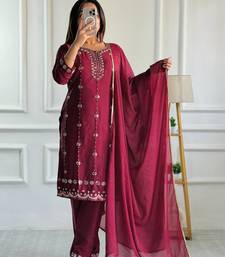 Wine heavy embroidery moti work georgette kurta set