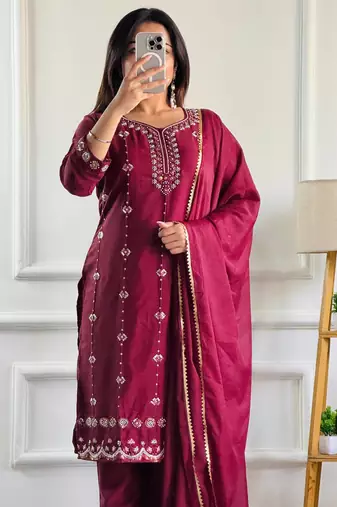 Wine heavy embroidery moti work georgette kurta set