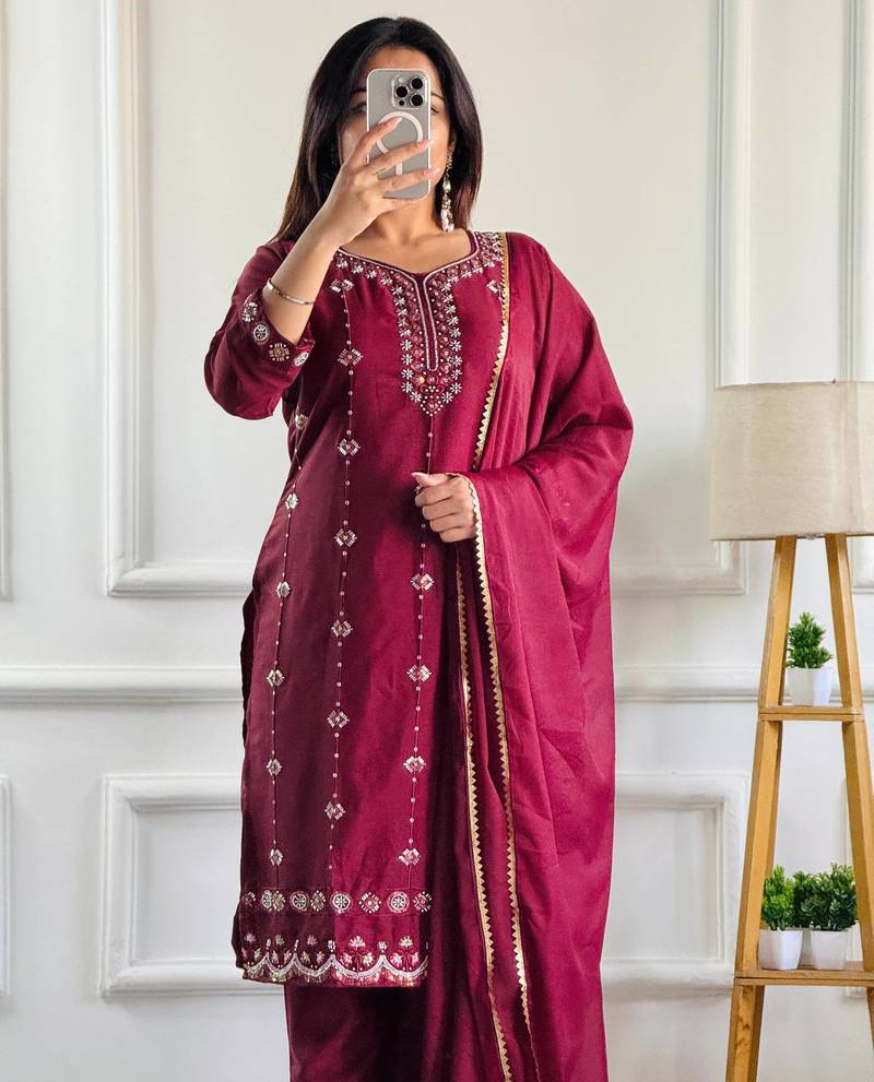 Wine heavy embroidery moti work georgette kurta set