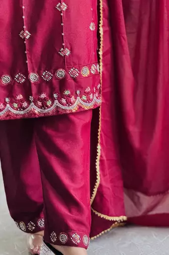 Wine heavy embroidery moti work georgette kurta set