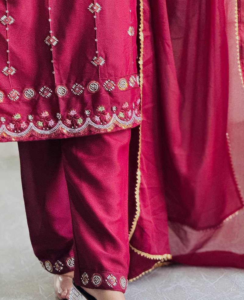 Wine heavy embroidery moti work georgette kurta set