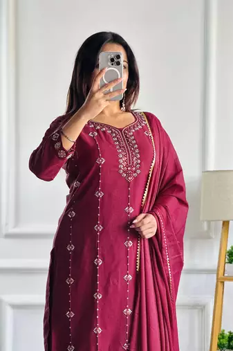 Wine heavy embroidery moti work georgette kurta set