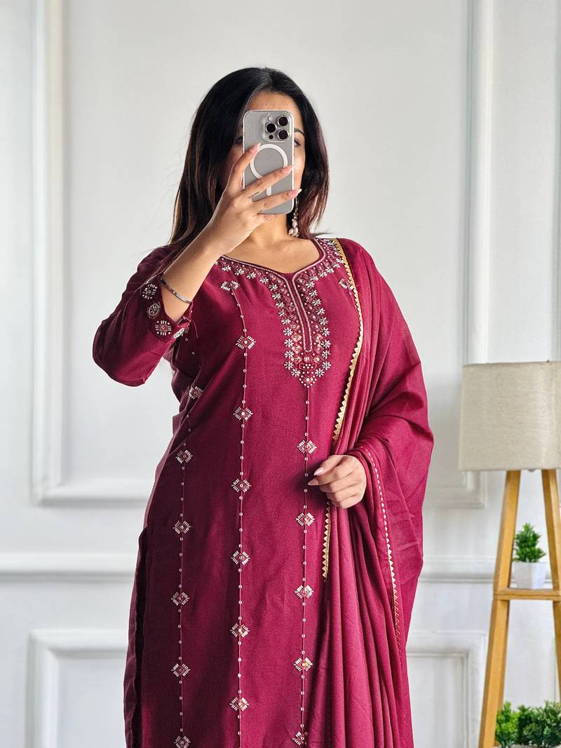 Wine heavy embroidery moti work georgette kurta set
