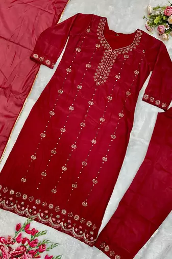 Wine heavy embroidery moti work georgette kurta set