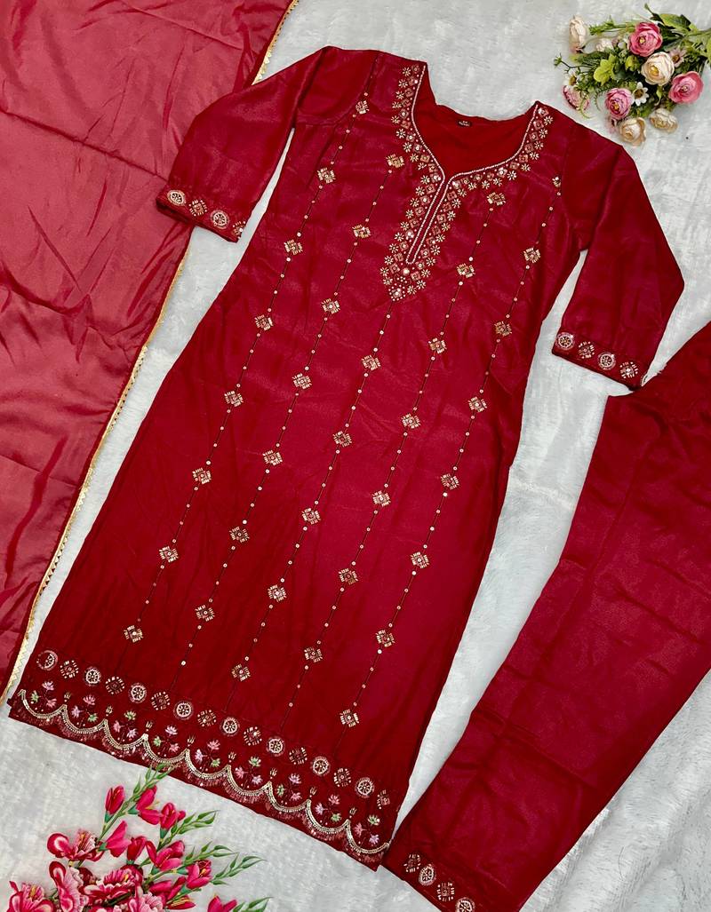 Wine heavy embroidery moti work georgette kurta set