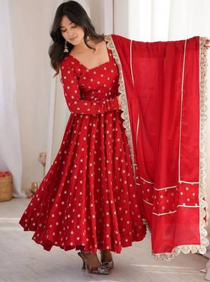 Red thread & sequins woek chinon silk anarkali with pant & dupatta 1