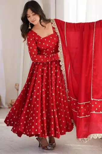 Red thread & sequins woek chinon silk anarkali with pant & dupatta