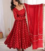 Red thread & sequins woek chinon silk anarkali with pant & dupatta