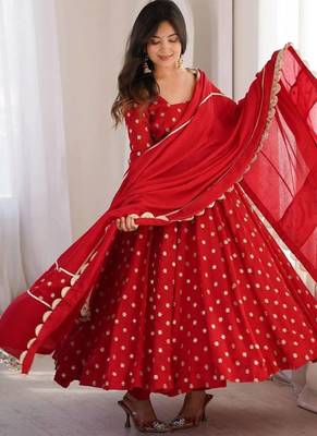 Red thread & sequins woek chinon silk anarkali with pant & dupatta 2