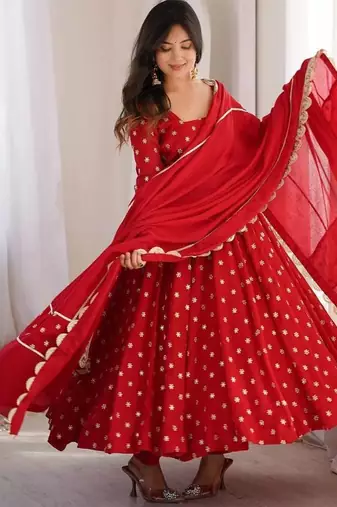 Red thread & sequins woek chinon silk anarkali with pant & dupatta