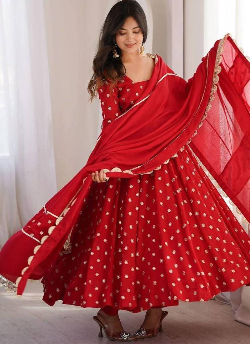 Red thread & sequins woek chinon silk anarkali with pant & dupatta
