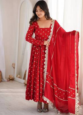 Red thread & sequins woek chinon silk anarkali with pant & dupatta 3