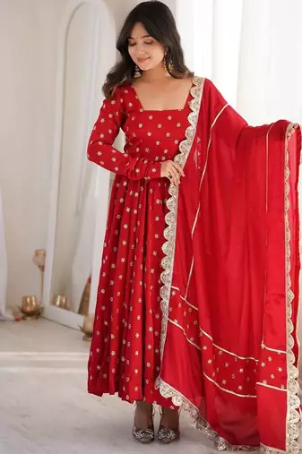 Red thread & sequins woek chinon silk anarkali with pant & dupatta
