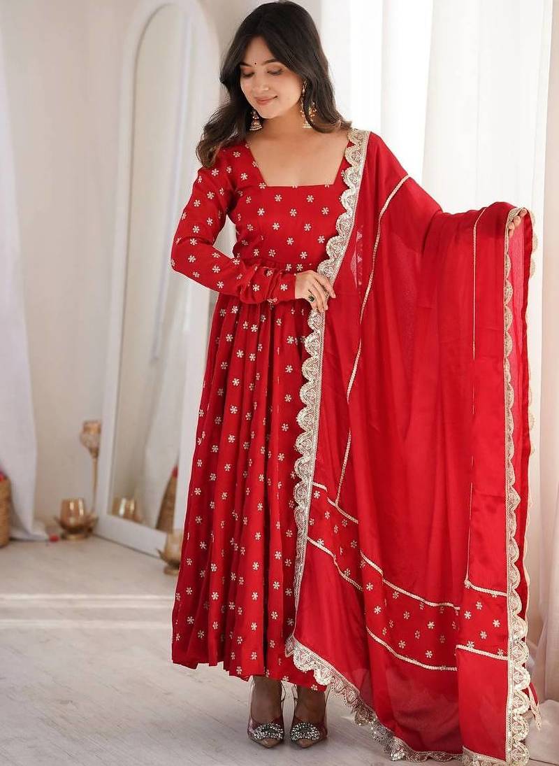Red thread & sequins woek chinon silk anarkali with pant & dupatta