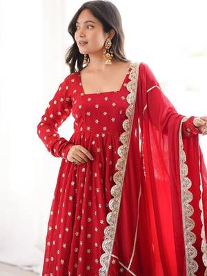 Red thread & sequins woek chinon silk anarkali with pant & dupatta 4