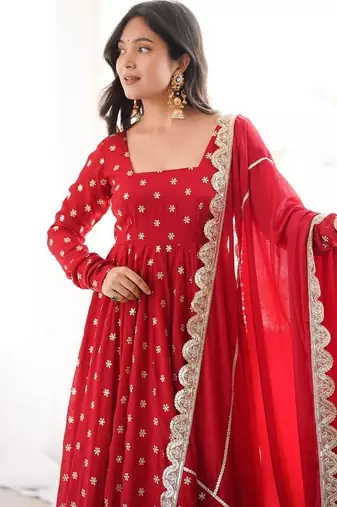 Red thread & sequins woek chinon silk anarkali with pant & dupatta