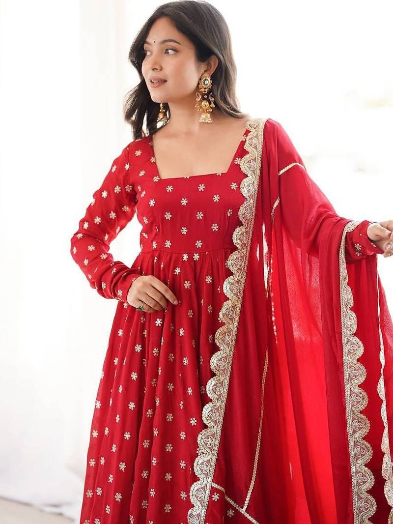 Red thread & sequins woek chinon silk anarkali with pant & dupatta