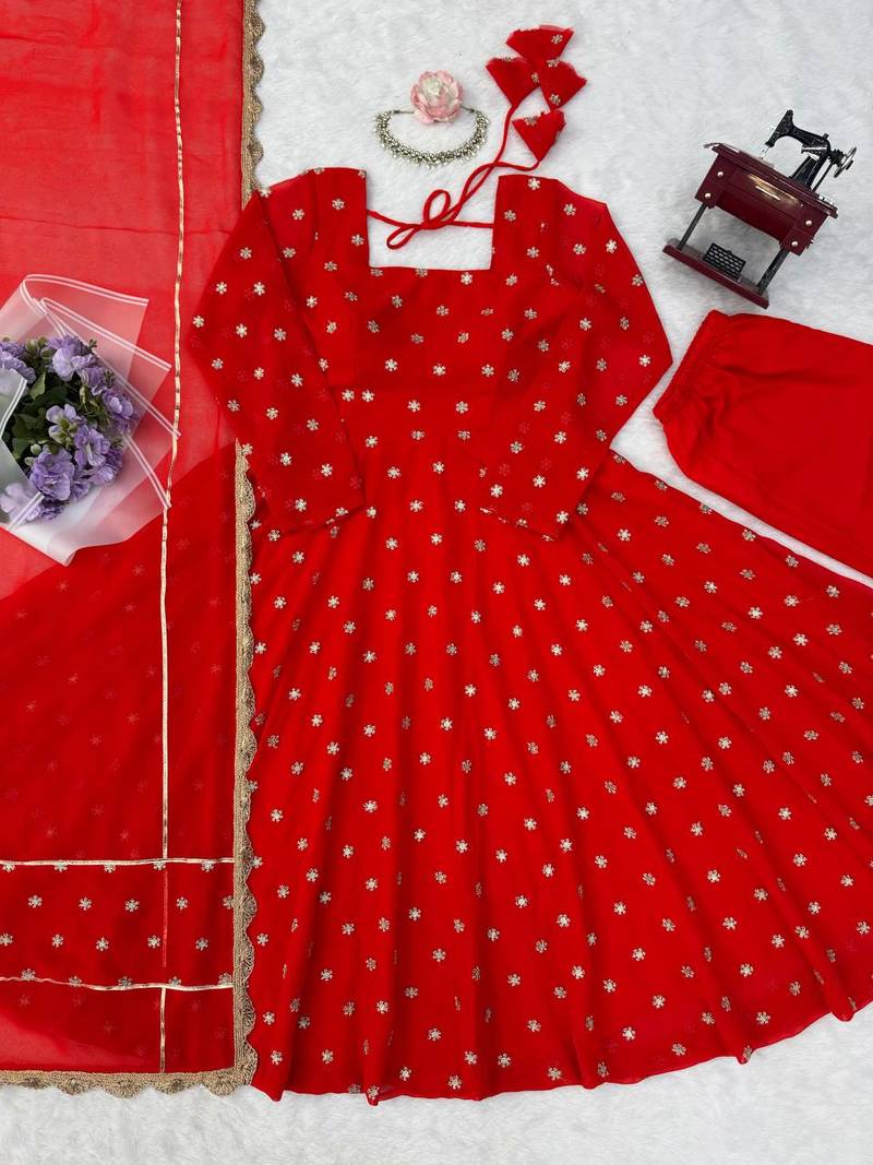 Red thread & sequins woek chinon silk anarkali with pant & dupatta