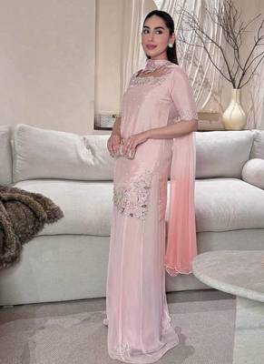 Onion pink moti & embroidery work roman silk kurta palazzo set 1