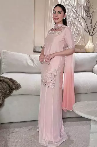 Onion pink moti & embroidery work roman silk kurta palazzo set