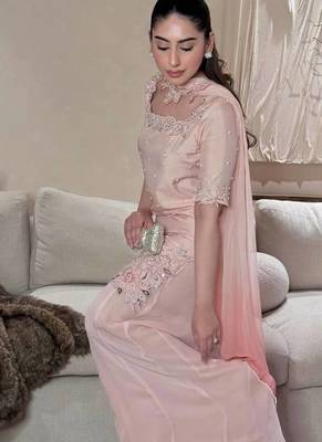 Onion pink moti & embroidery work roman silk kurta palazzo set 2