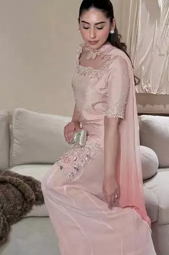 Onion pink moti & embroidery work roman silk kurta palazzo set