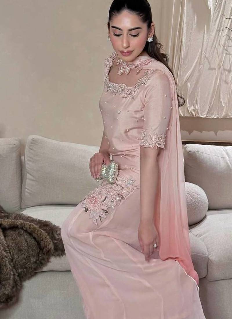 Onion pink moti & embroidery work roman silk kurta palazzo set