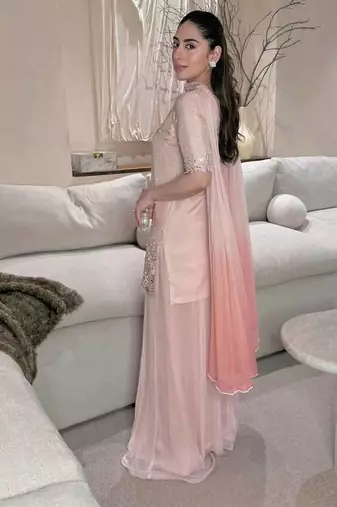 Onion pink moti & embroidery work roman silk kurta palazzo set