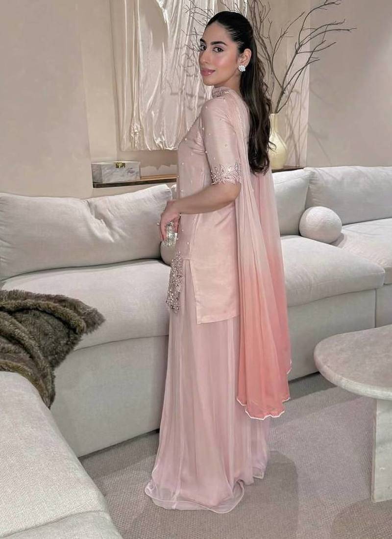 Onion pink moti & embroidery work roman silk kurta palazzo set