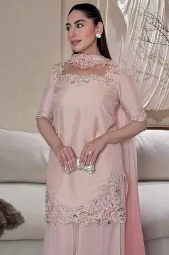 Onion pink moti & embroidery work roman silk kurta palazzo set