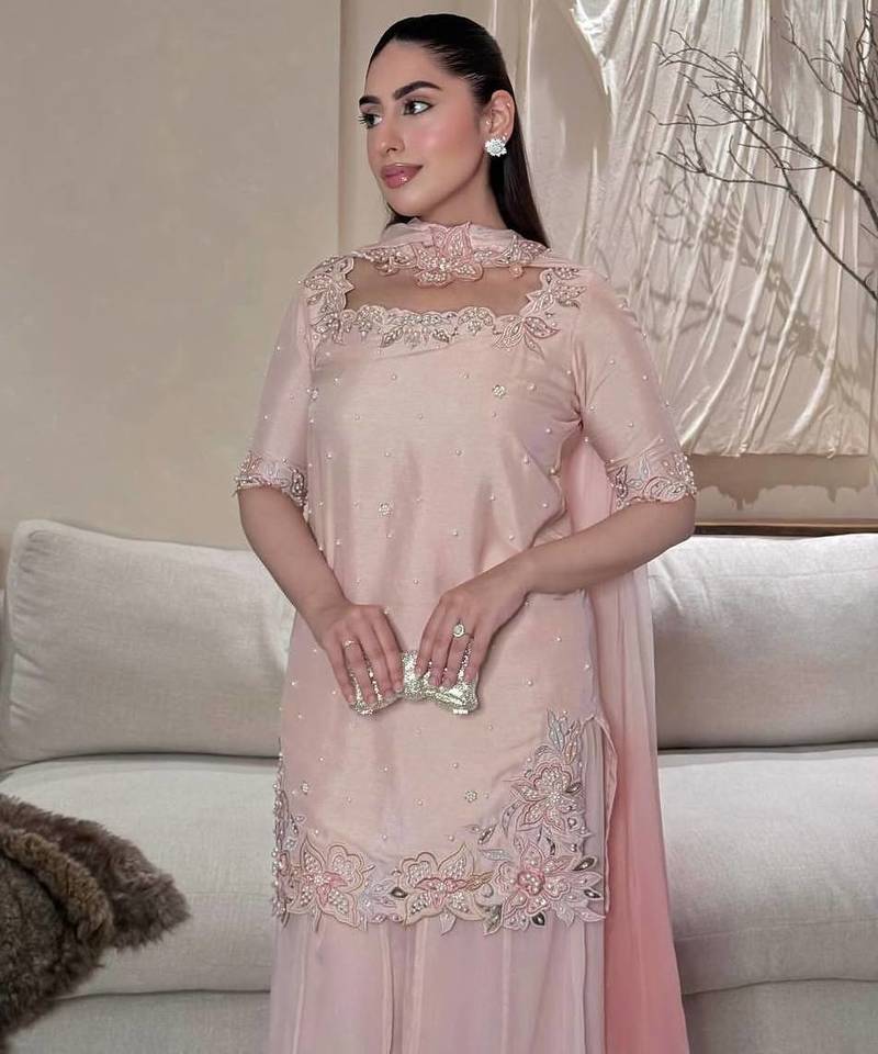 Onion pink moti & embroidery work roman silk kurta palazzo set