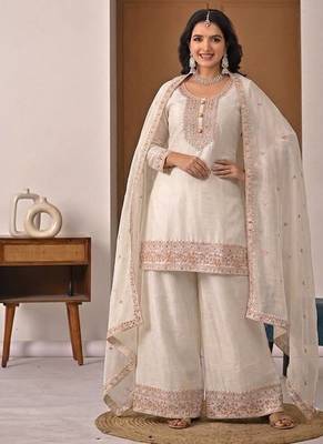 White embroidered crunchy silk kurta palazzo set 1