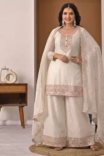 White embroidered crunchy silk kurta palazzo set