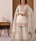 White embroidered crunchy silk kurta palazzo set
