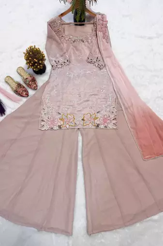 Onion pink moti & embroidery work roman silk kurta palazzo set