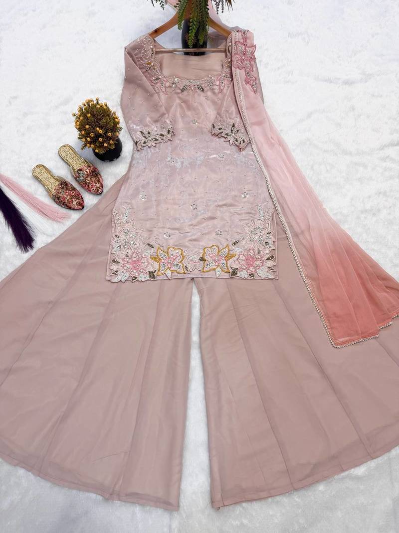 Onion pink moti & embroidery work roman silk kurta palazzo set