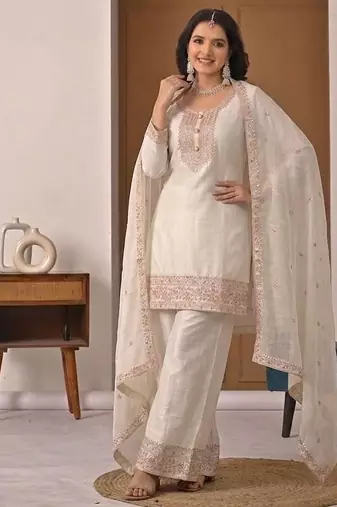 White embroidered crunchy silk kurta palazzo set