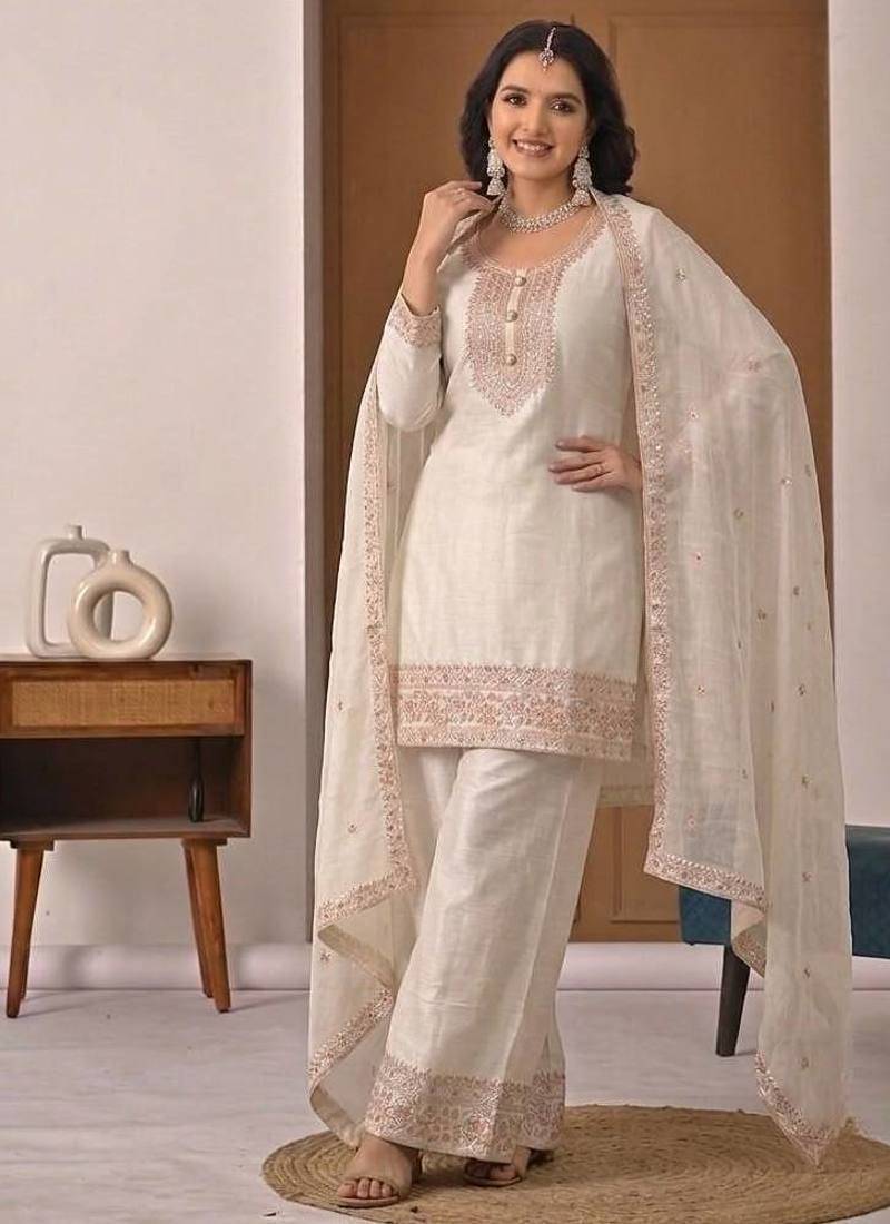 White embroidered crunchy silk kurta palazzo set
