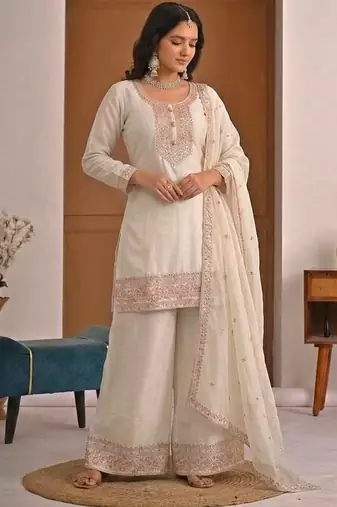 White embroidered crunchy silk kurta palazzo set