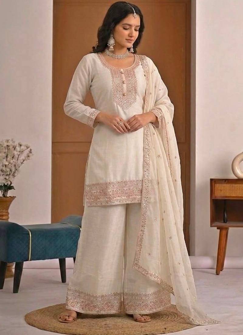 White embroidered crunchy silk kurta palazzo set