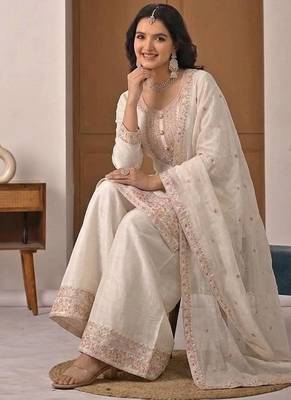 White embroidered crunchy silk kurta palazzo set 4