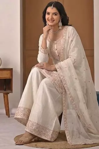 White embroidered crunchy silk kurta palazzo set