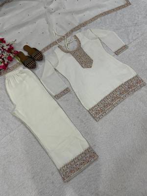 White embroidered crunchy silk kurta palazzo set 5