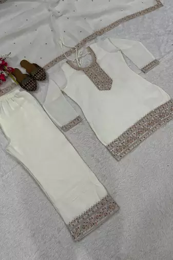 White embroidered crunchy silk kurta palazzo set